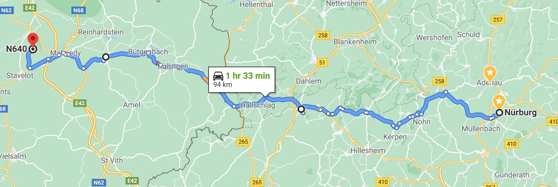 Nürburg to Spa, the shortest route